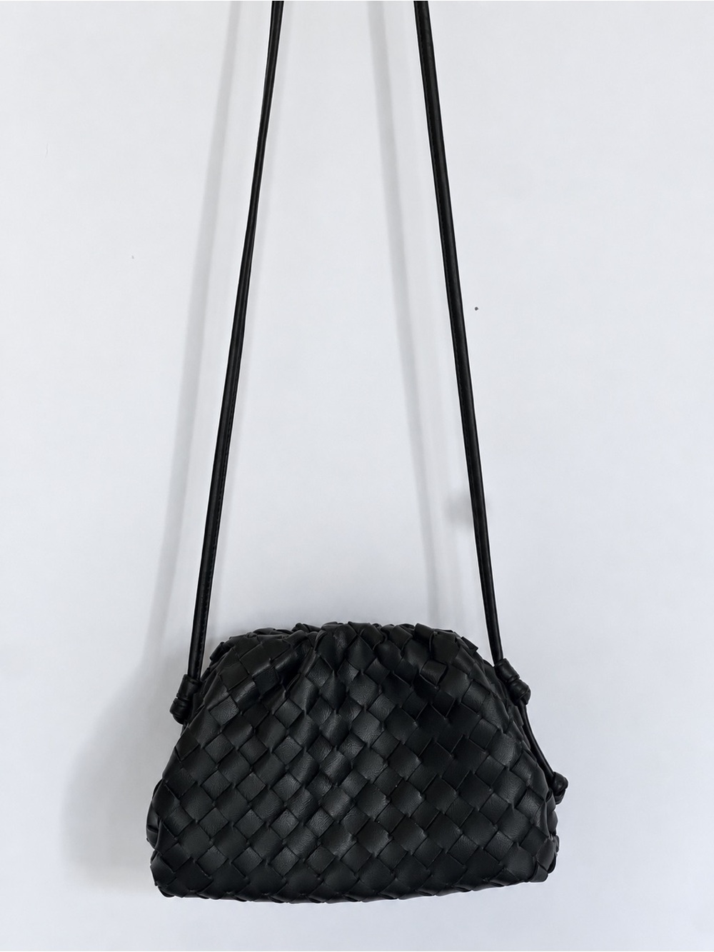 Black Woven Crossbody Shoulder Bag Long Strap Pouch Handbag